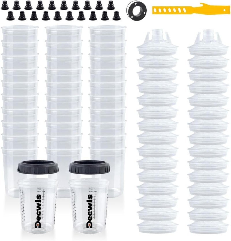 Decwls Store Disposable Paint Cups 6 Ounce(165ml), Mini Paint Mixing Cups with Lid and 30 Pack Paint Cup for Automotive Spray Gun, 125-Micron Filter, 2 Hard Cup with Retainer Ring, 20 Plugs, 1 Stirrer, 1 Seal Tape - Image 1